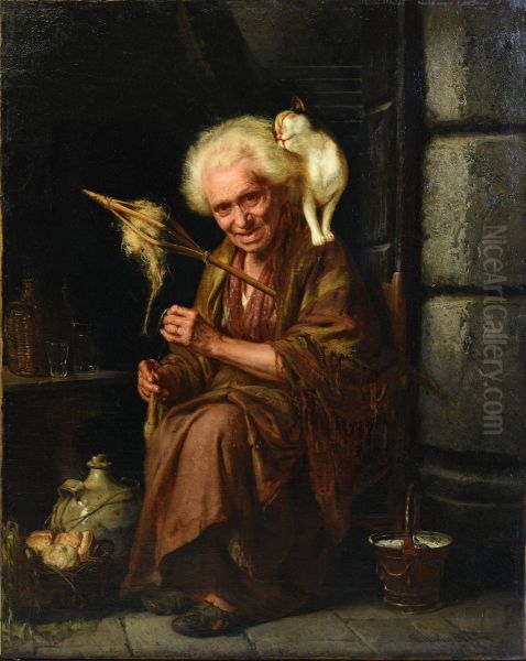 Vecchina con gatto Oil Painting by Antonio Rotta