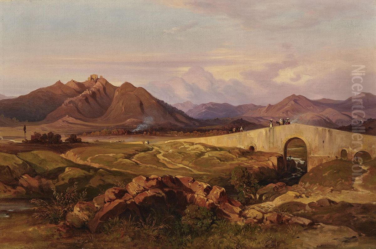 Paesaggio di campagna con ponte Oil Painting by Alessandro Castelli