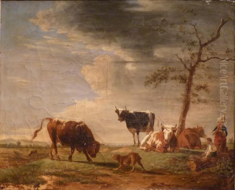 Cows grazing Oil Painting by Jean Baptiste Berre
