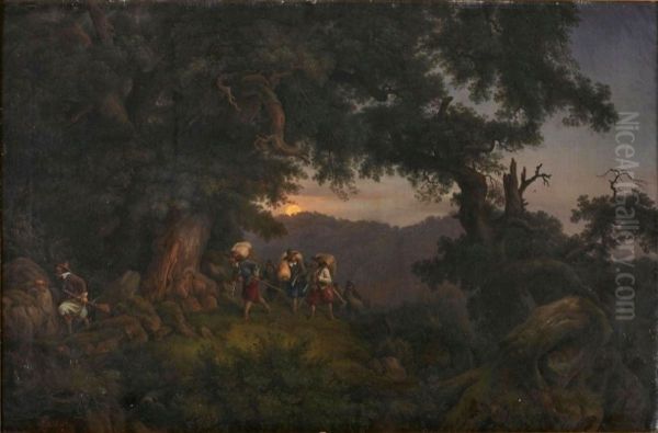 Mountain landscape in the moonlight with Italian soldiers Oil Painting by Alessandro Castelli