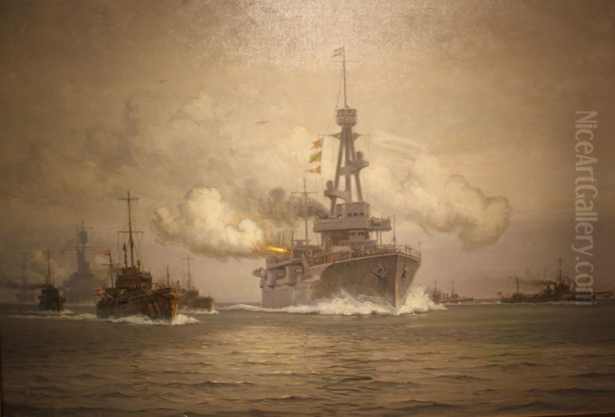 Den danske eskadre giver kongesalut. Oil Painting by Vilhelm Arnesen