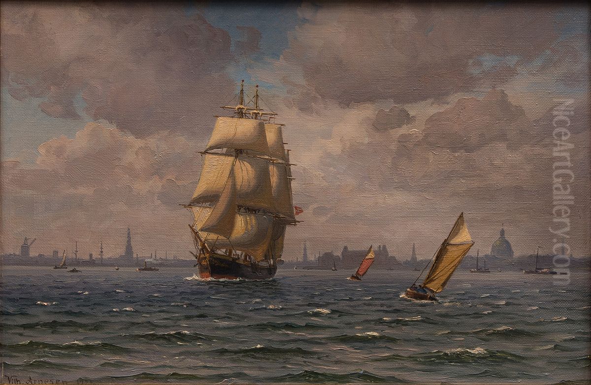 A fully rigged ship off Copenhagen. Oil Painting by Vilhelm Arnesen