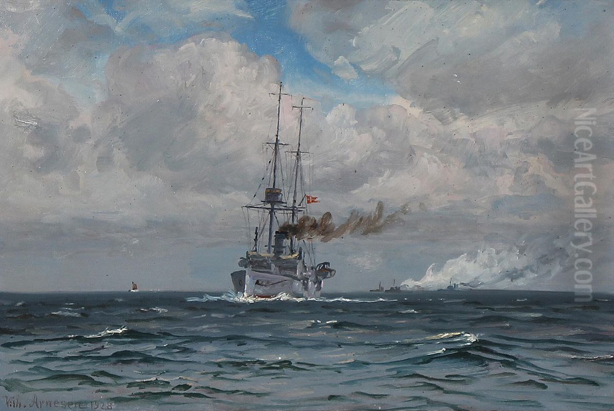 Krydseren Heimdal. Oil Painting by Vilhelm Arnesen