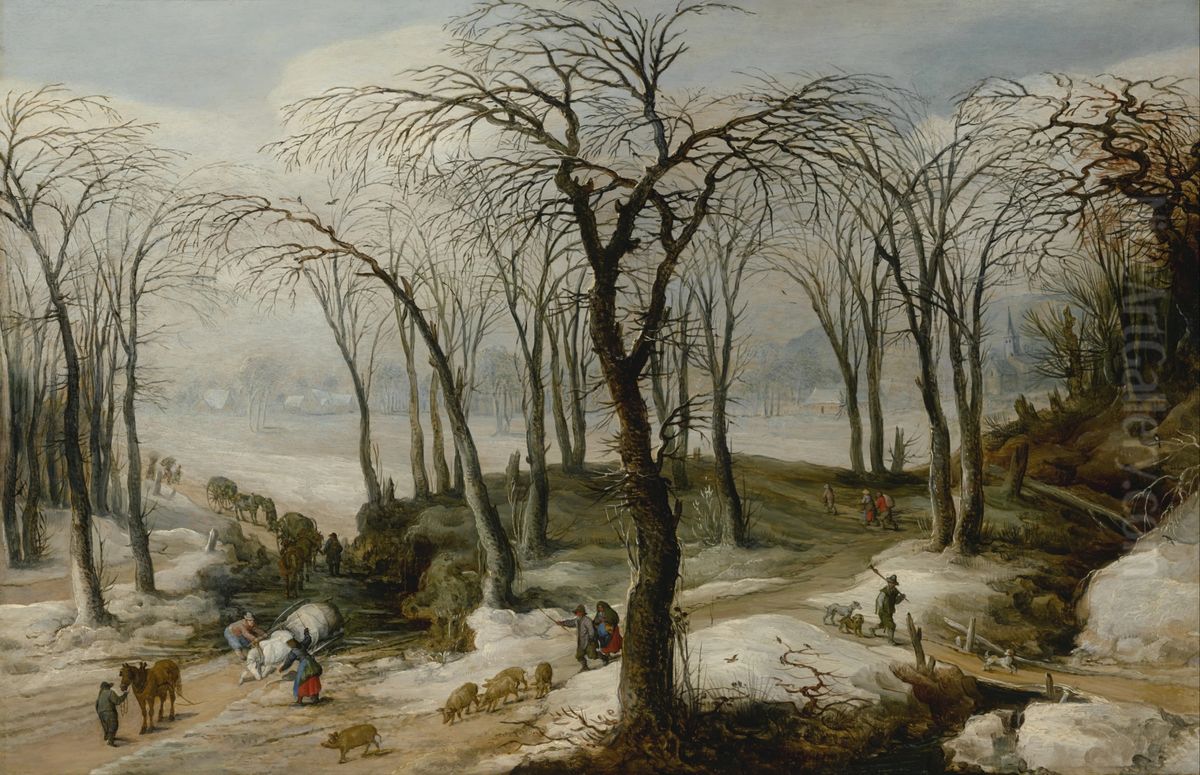 Winter landscape with an overturned horse-drawn cart, and figures driving a herd Oil Painting by Jan Brueghel the Younger