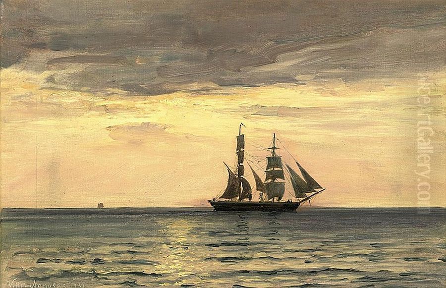 A merchantman at dusk. Oil Painting by Vilhelm Arnesen