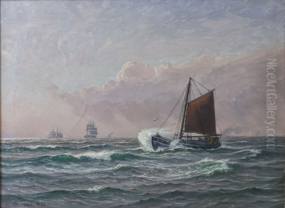 En fiskekutter til havs. Oil Painting by Vilhelm Arnesen