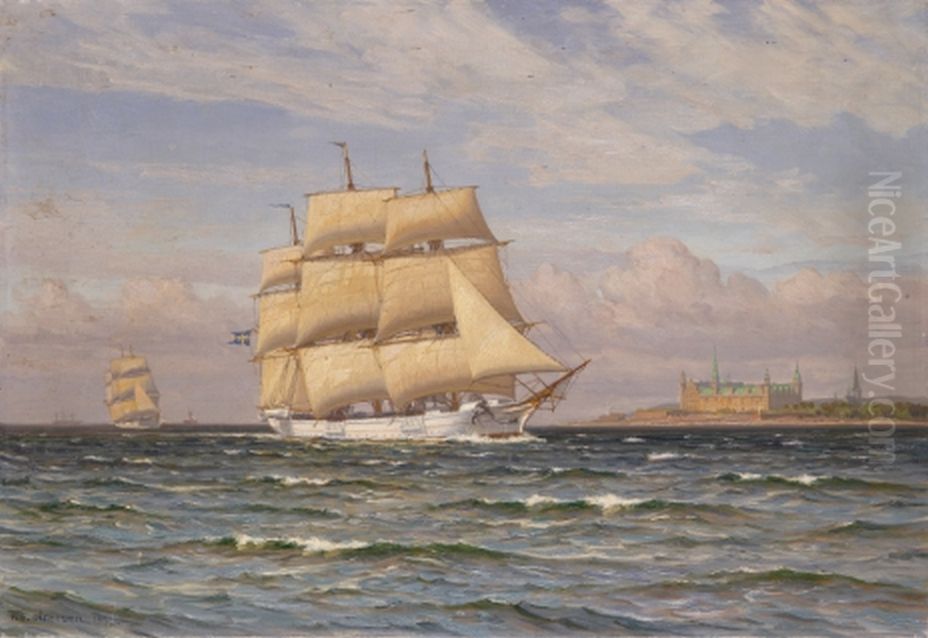 A Swedish fully rigged ship in the Sound off Kronborg Castle. Oil Painting by Vilhelm Arnesen