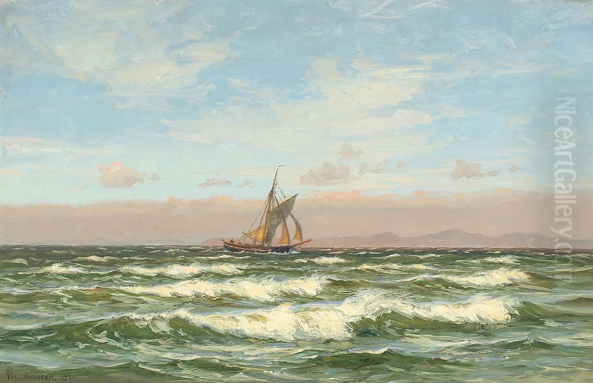 Marine med sejlskib ud for klippekyst. Oil Painting by Vilhelm Arnesen