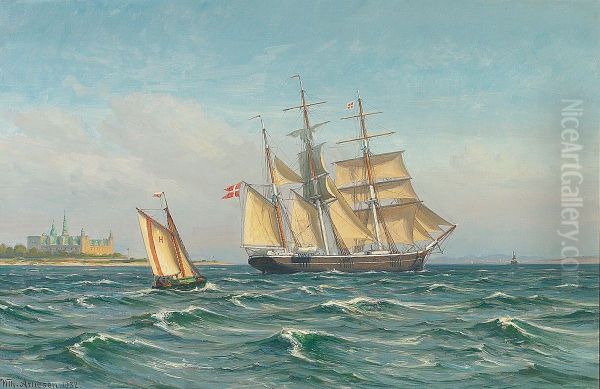 Barken Thorvaldsen ud for Kronborg. Oil Painting by Vilhelm Arnesen