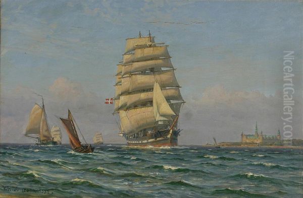A fully rigged Danish ship along the coast of Kronborg Castle. Oil Painting by Vilhelm Arnesen