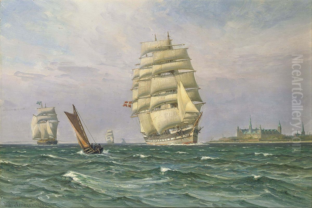 Dansk fuldrigger ud for Kronborg. Oil Painting by Vilhelm Arnesen