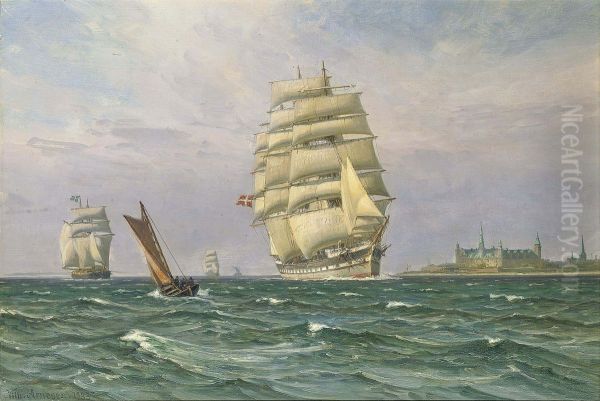 Dansk fuldrigger ud for Kronborg. Oil Painting by Vilhelm Arnesen
