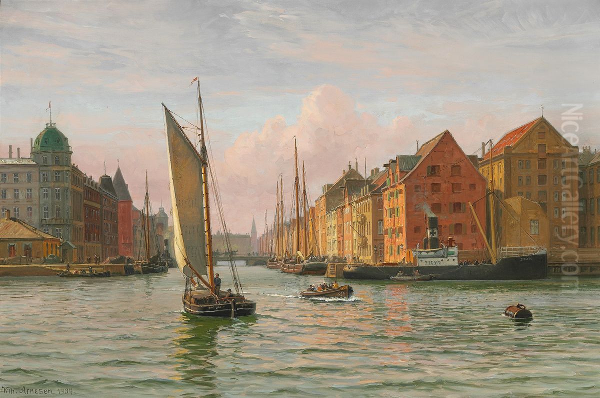 Parti fra Kobenhavns Havn ved indsejlingen til Nyhavn. Oil Painting by Vilhelm Arnesen