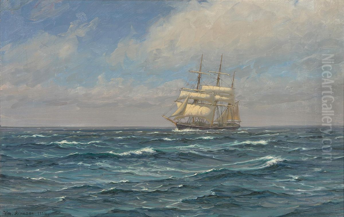 A barque sailing on the Atlantic Ocean. Oil Painting by Vilhelm Arnesen