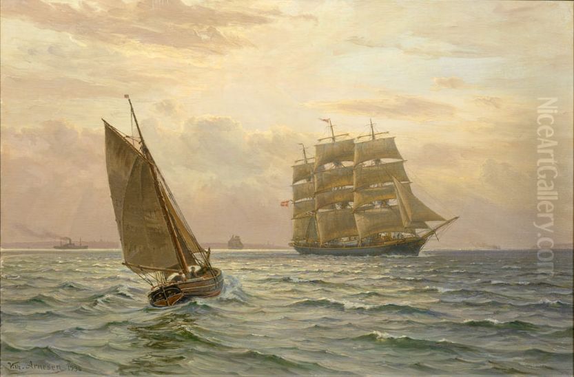The training ship Georg Stage and a fishing vessel in Danish waters. Oil Painting by Vilhelm Arnesen