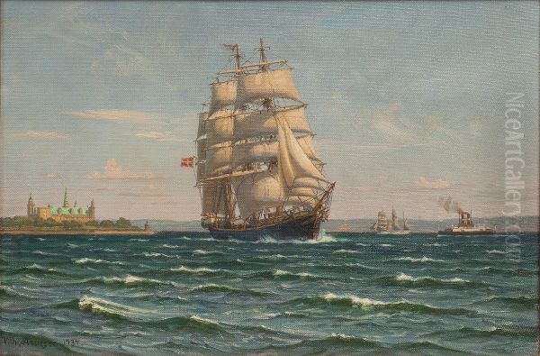 The training ship Georg Stage, South of Kronborg. Oil Painting by Vilhelm Arnesen