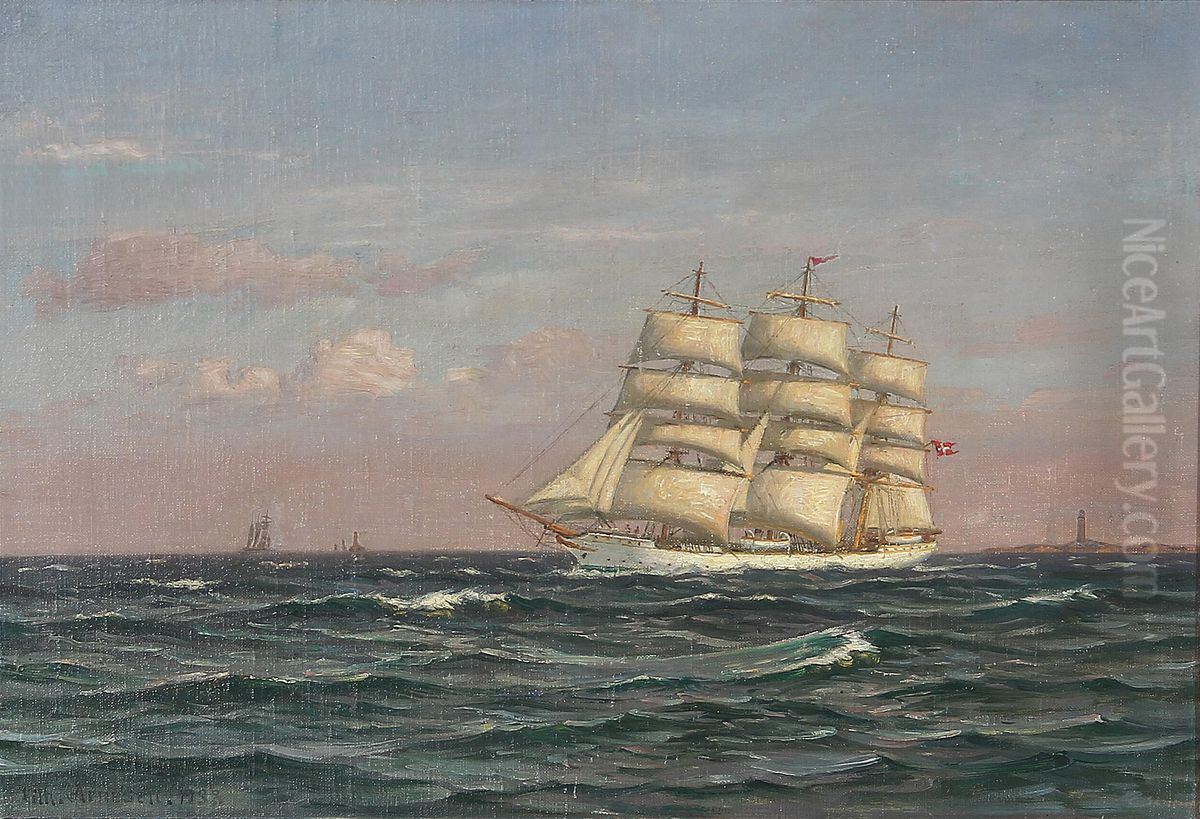 Marine med sejlskib. Oil Painting by Vilhelm Arnesen