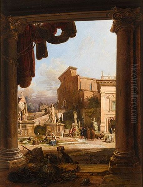 View of the Piazza del Campidoglio in Rome Oil Painting by Jodocus Sebastiaen van den Abeele