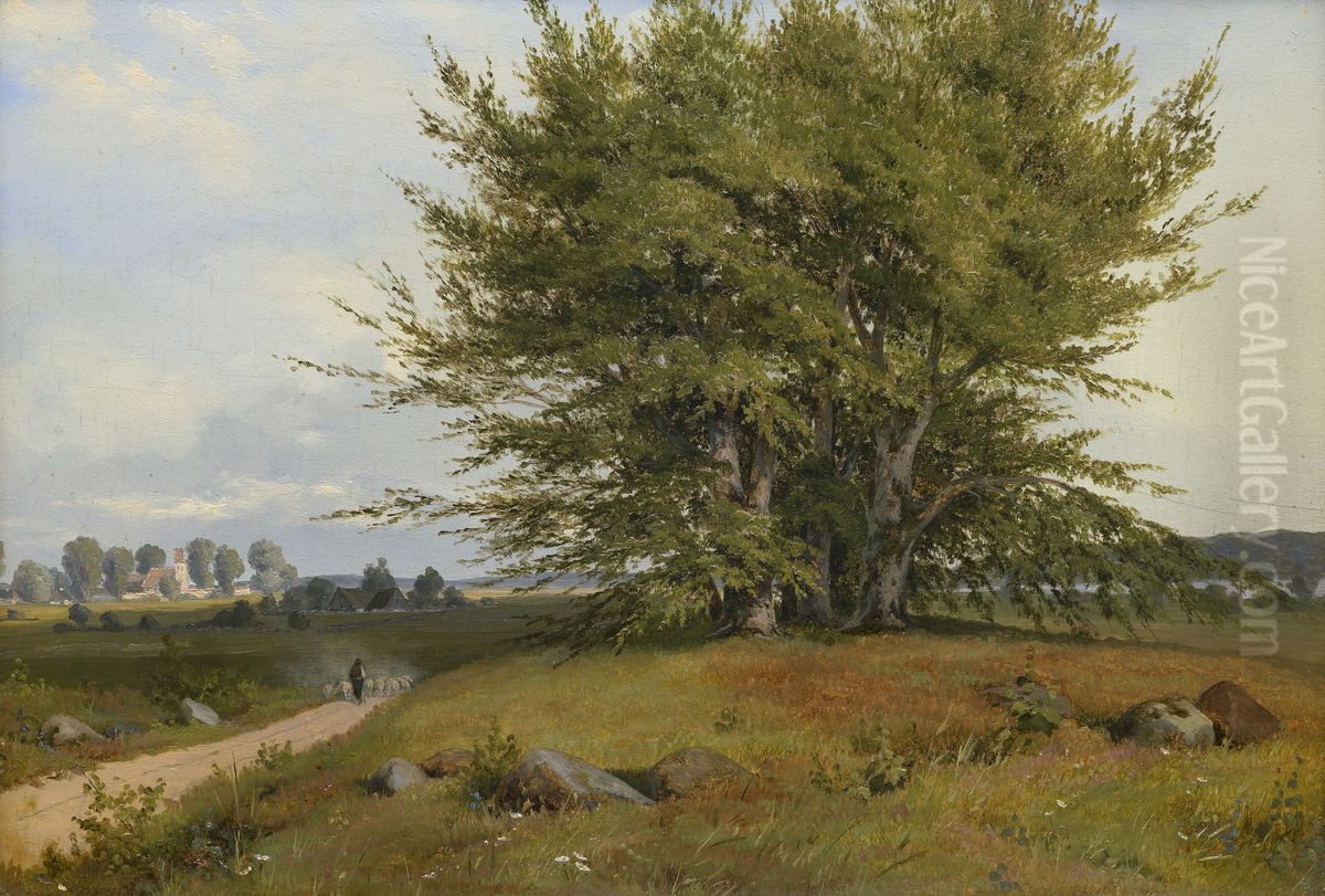 Dansk bogelandskab med hyrder og kirke i baggrunden Oil Painting by Anton Eduard Kieldrup