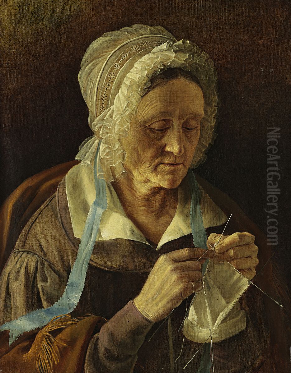 Old Woman Knitting a Sock Oil Painting by Ivan Khrutsky