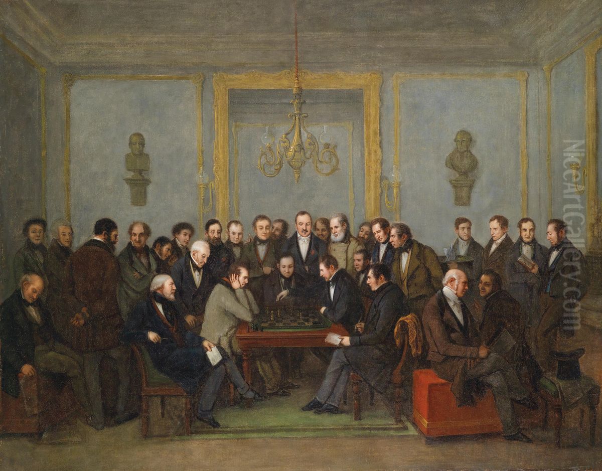 The Famous Chess Match betweenHoward StauntonandPierre Charles Fournier de Saint-Amant, on 16 December 1843 Oil Painting by Jean-Henri Marlet