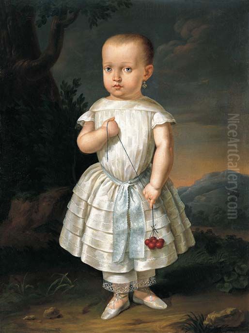 Retrato de una nina con cerezas Oil Painting by unknown
