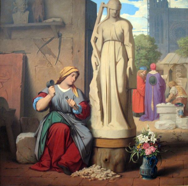 Sabina von Steinbach chisels theStatue of the Synagogue Oil Painting by Moritz von Schwind