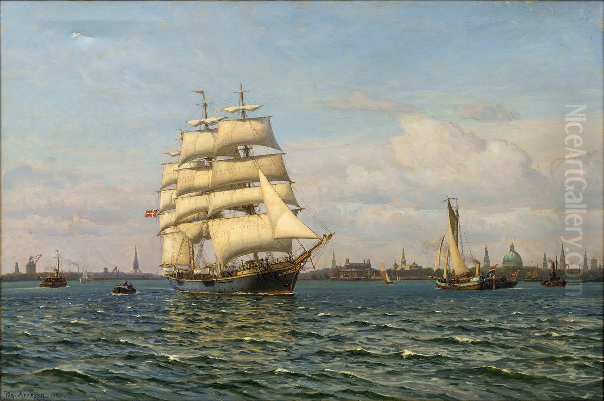 The training ship Georg Stage leving Copenhagen Harbour. Oil Painting by Vilhelm Arnesen