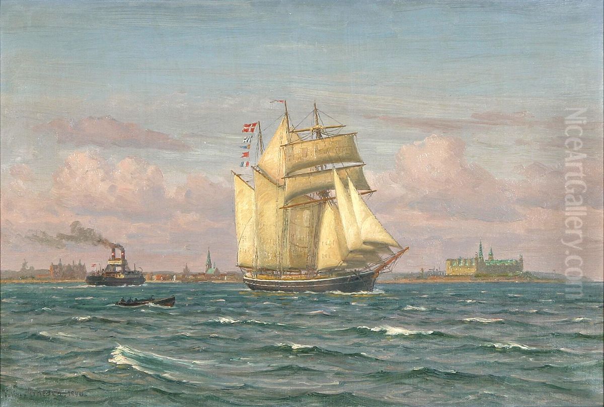 A topsail schooner at Kronborg Castle. Oil Painting by Vilhelm Arnesen