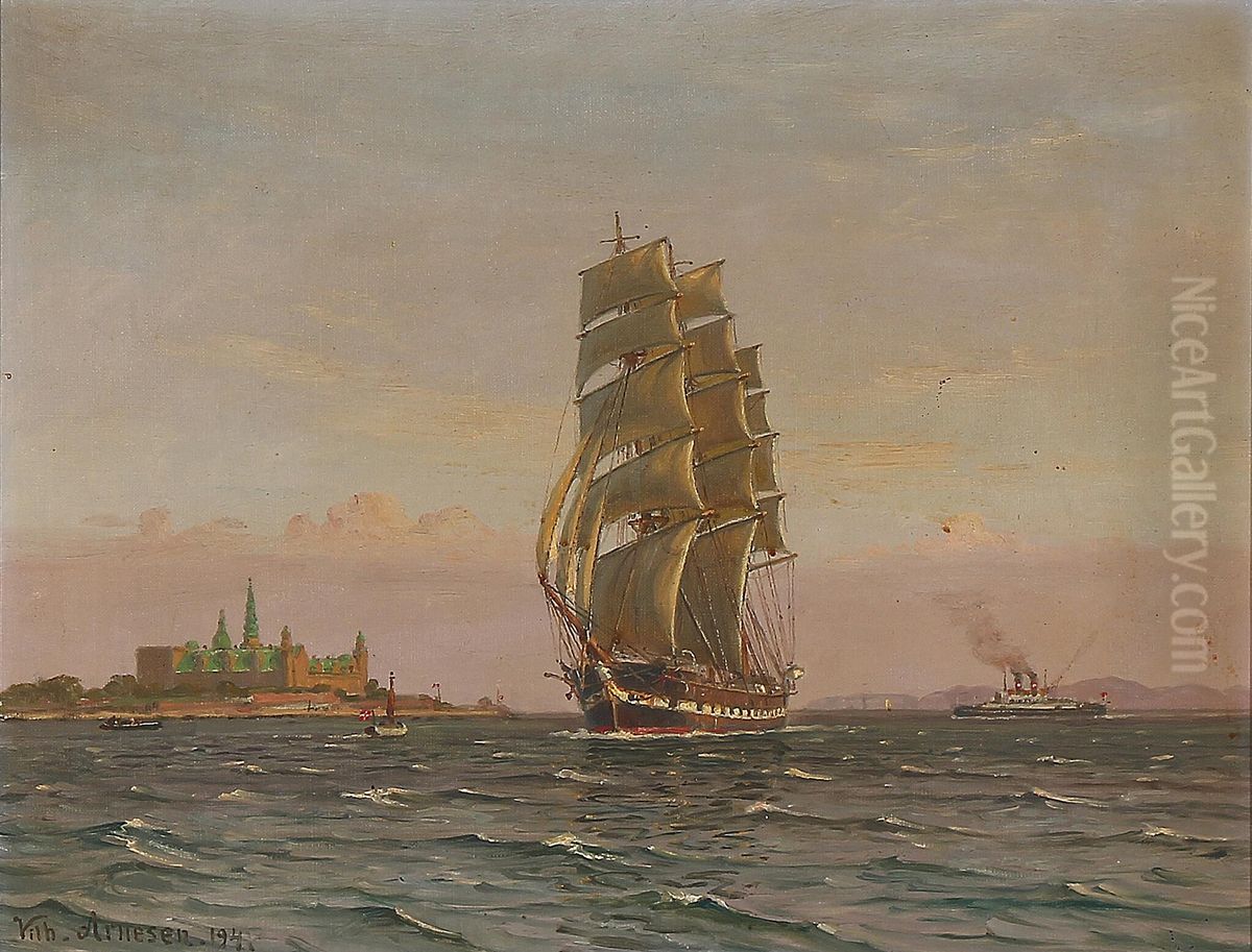 Med Kronborg om styrbord. Oil Painting by Vilhelm Arnesen