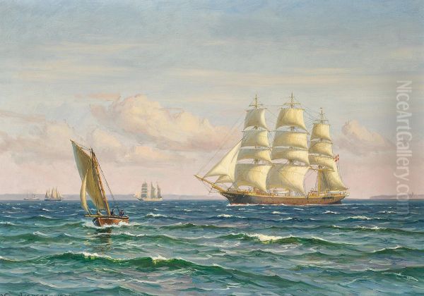 A fully rigged ship in the Sound. Oil Painting by Vilhelm Arnesen