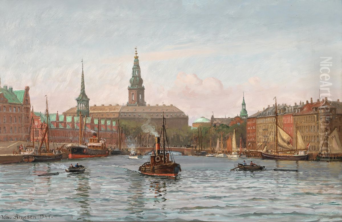 View from Copenhagen Habour with a view towards The Stock Exchange and Christiansborg Palace. Oil Painting by Vilhelm Arnesen