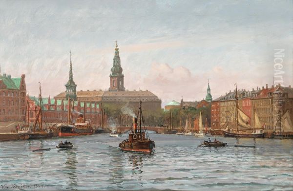 Parti fra Kobenhavns Havn med udsigt til Borsen og Christiansborg. Oil Painting by Vilhelm Arnesen
