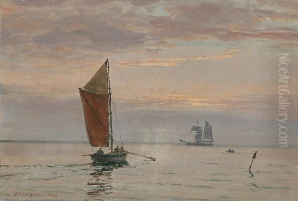 Sailing ships in the Sound at sunset. Oil Painting by Vilhelm Arnesen