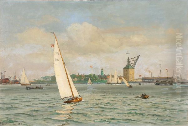 Parti fra Kobenhavns Havn med Holmen. Oil Painting by Vilhelm Arnesen