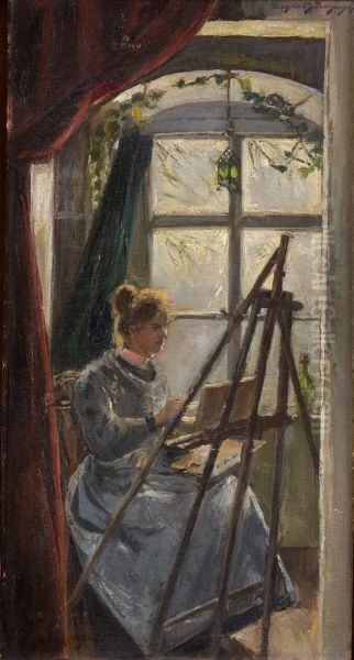 Selbstbildnis an der Staffelei Oil Painting by Mathilde von Bodenhausen