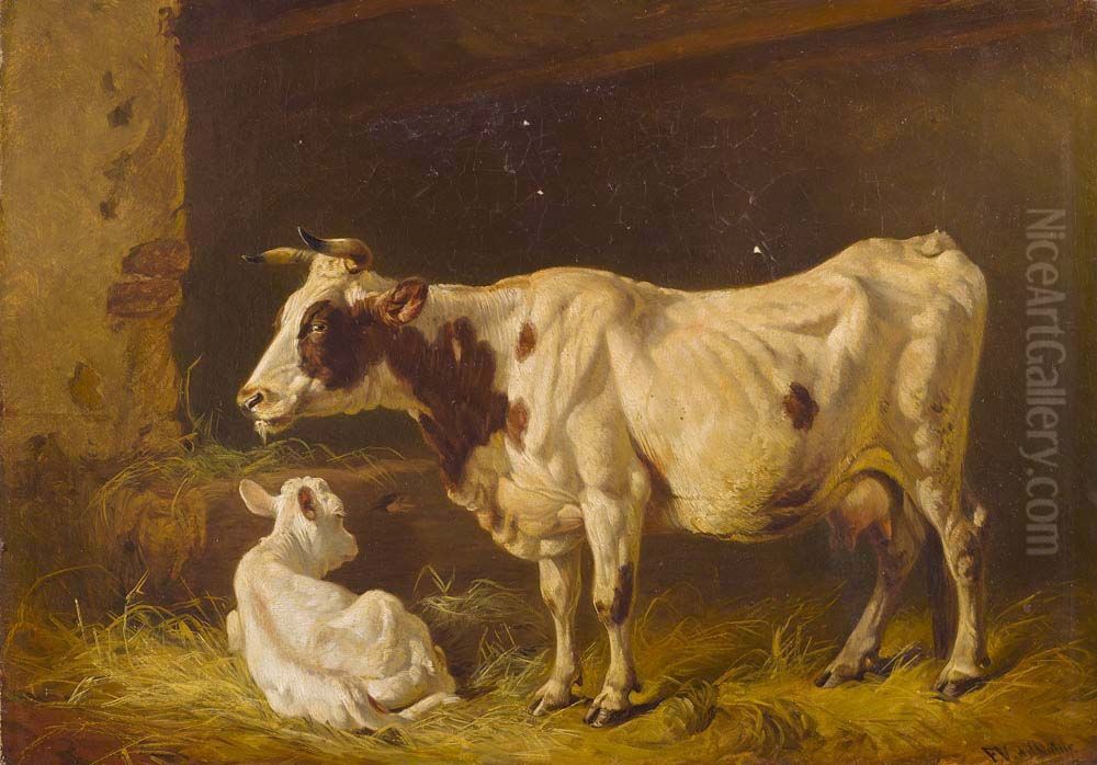 Kuh mit Kalb im Stall Oil Painting by Friedrich Voltz