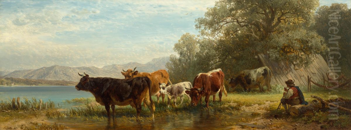 Kuhe mit Hirte am See Oil Painting by Friedrich Voltz