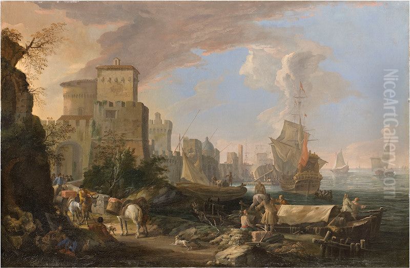 Capriccio con scene di vita in una citta portuale Oil Painting by Luca Carlevarijs