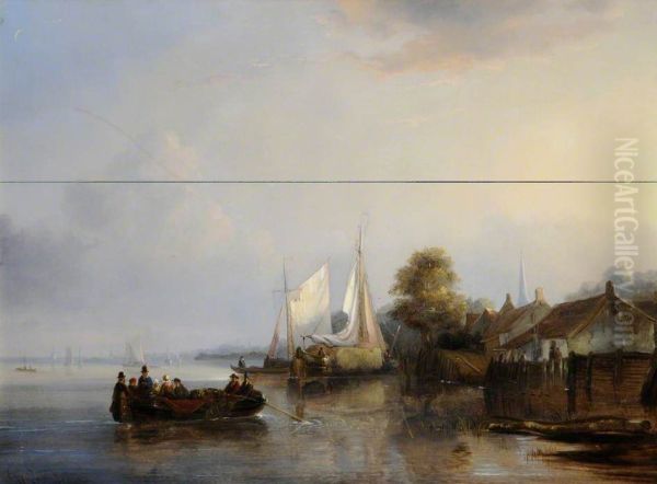 Figures and Barges in an Estuary Oil Painting by Egide Linnig