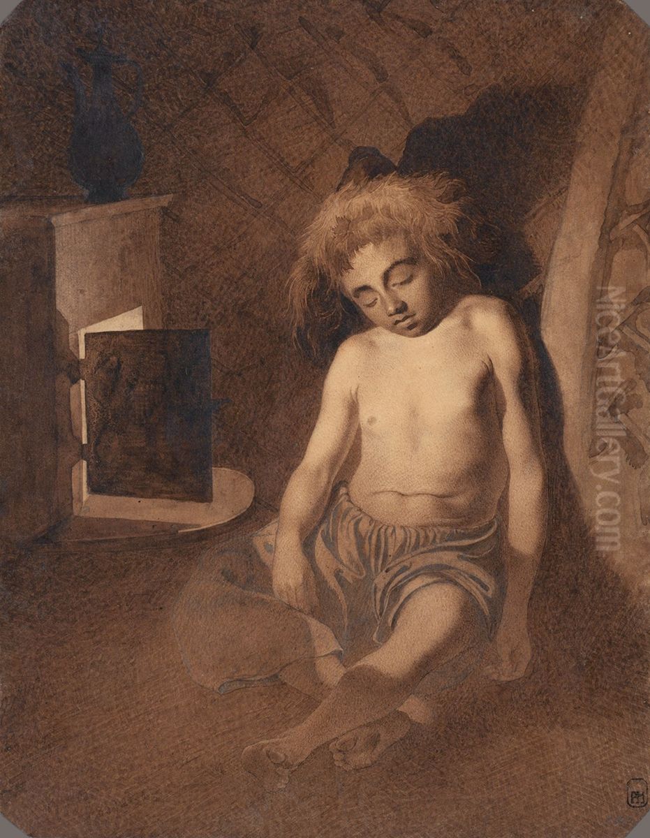 Hlopcik drimae bila grubki Oil Painting by Taras Shevchenko