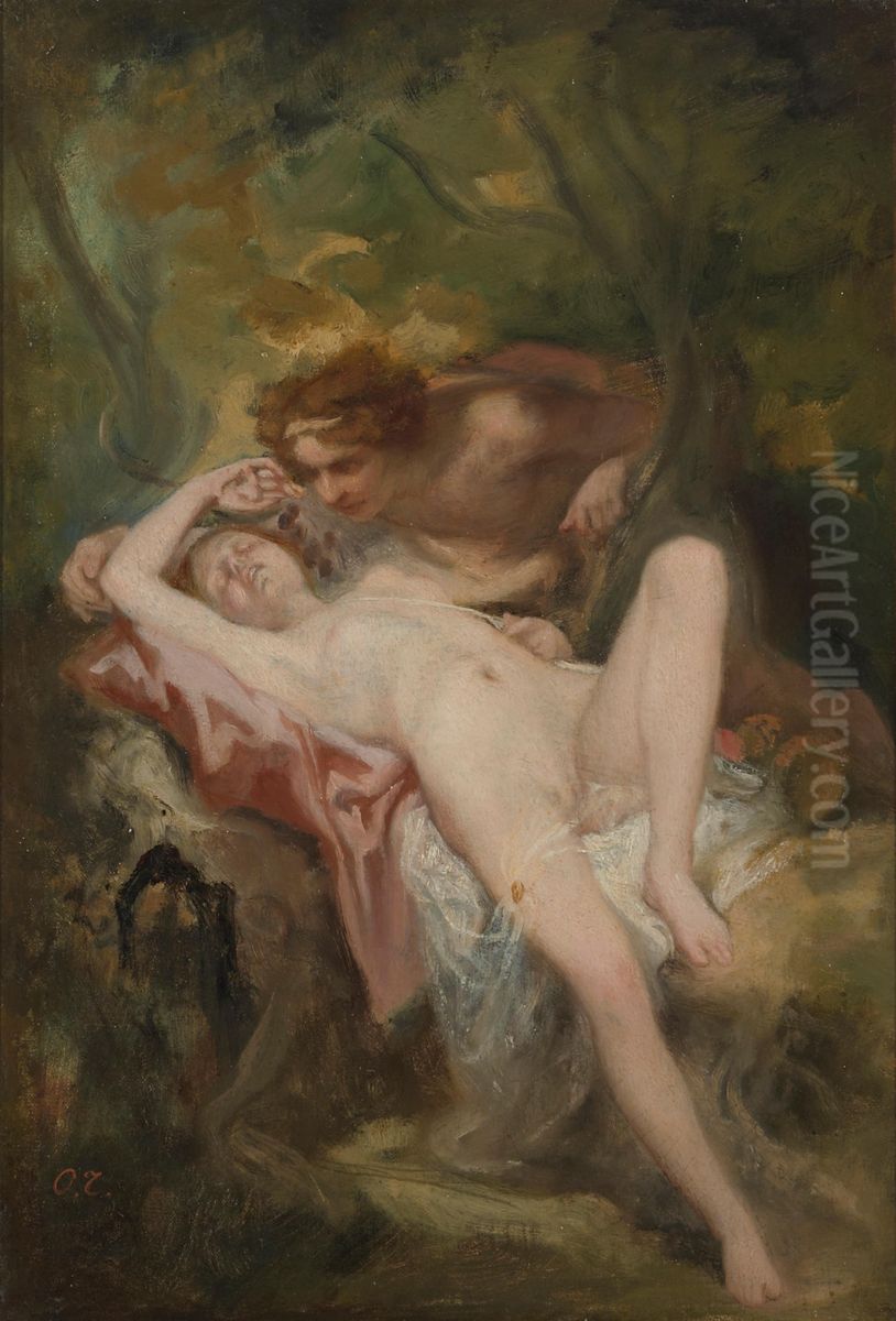 A nymph and a satyr in the woods Oil Painting by Octave Tassaert