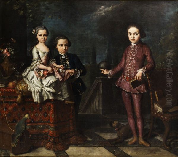 Portrait of three noble children Oil Painting by Giuseppe Bonito