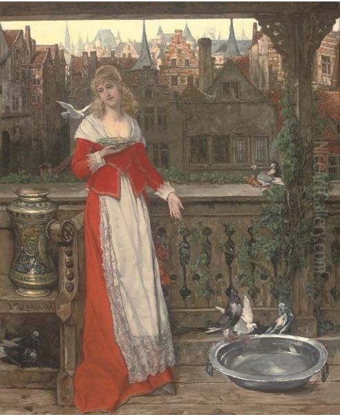 A maiden feeding birds Oil Painting by Victor Lagye