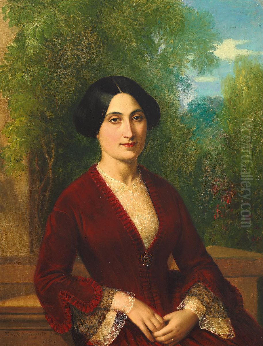 Portrait of a young lady in a park Oil Painting by Edward Villiers Rippingille