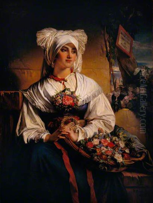 A girl from Trieste with flowers Oil Painting by Jean-Francois Portaels