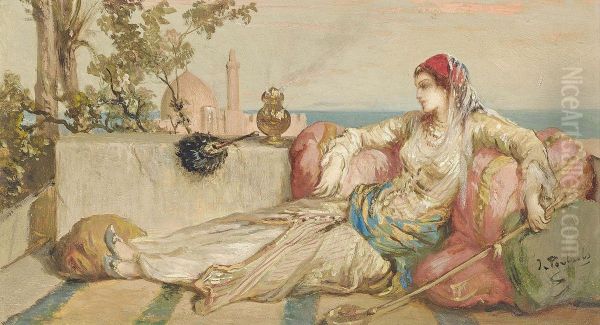 Odalisque on the terrace at dusk Oil Painting by Jean-Francois Portaels