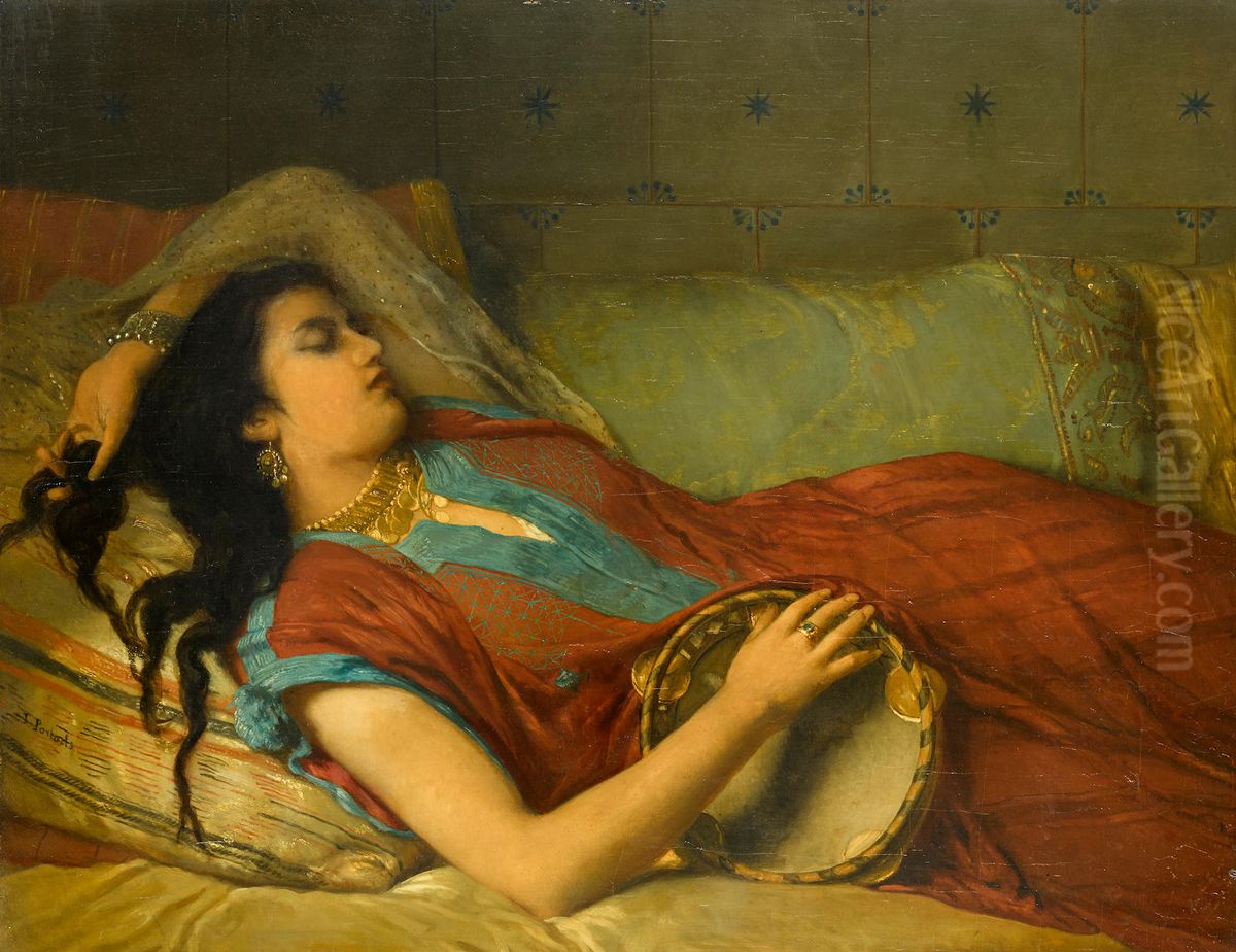 The tambourine player in repose Oil Painting by Jean-Francois Portaels