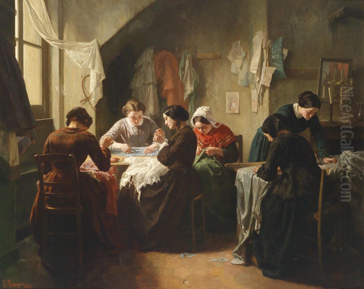 Couturieres bretonnesouAtelier de couture Oil Painting by Jean-Baptiste Jules Trayer