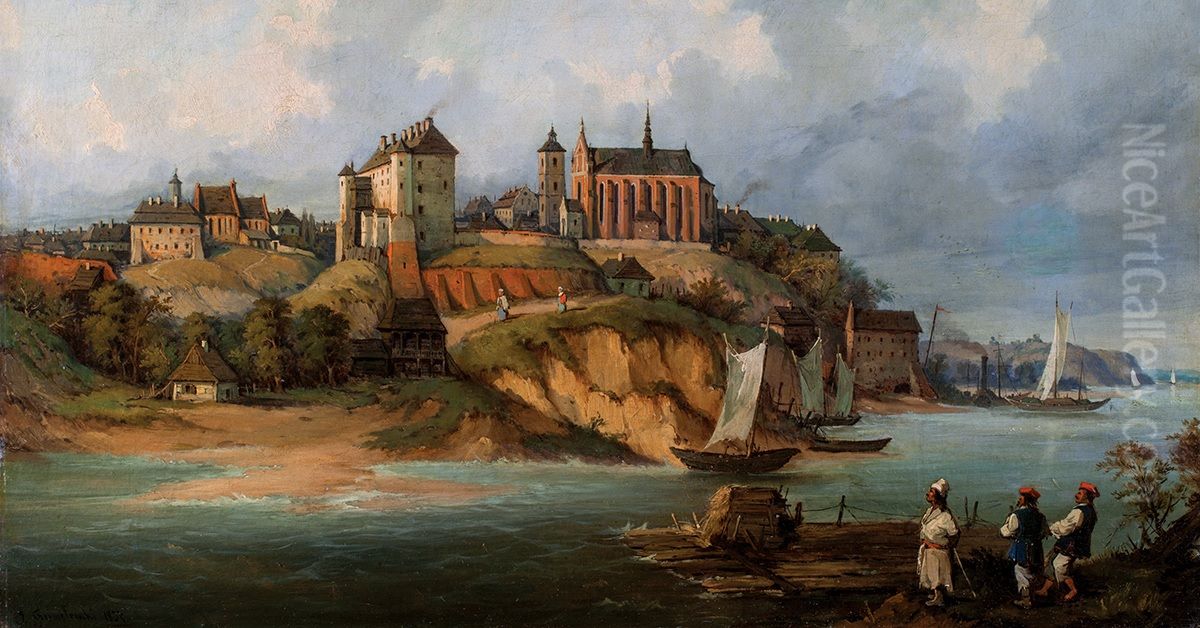 Widok Sandomierza od strony Wisly Oil Painting by Jozef Szermentowski